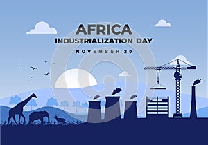 Africa industrialization day background with factory and animals forest on blue color