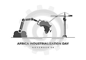 Africa industrialization day background with factory and africa map on white color photo