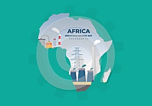 Africa industrialization day background with africa map factory isolated on blue background photo