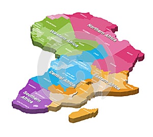 Africa isometric map colored by regions