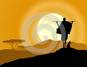 Africa landscape background. Hunter, animal silhouettes and moon rise. African savanna