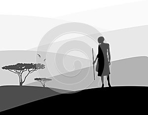 Africa landscape background. Hunter silhouette, trees and birds