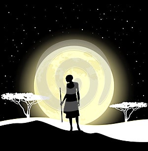 Africa landscape background. Hunter silhouette, trees and moon