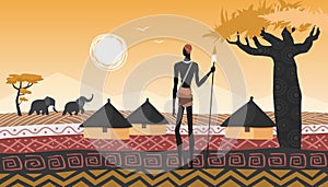 Africa landscape, village and African people in abstract geometric savanna, elephants