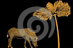 Africa landscape with zebra silhouettes and palm tree