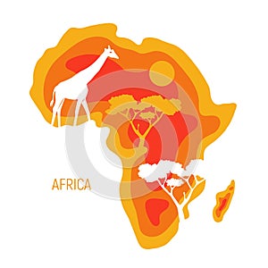Africa. Map of Africa continent with wild animals silhouettes. Paper cut eco friendly design. Vector illustration
