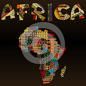 Africa map with African typography made of patchwork fabric text