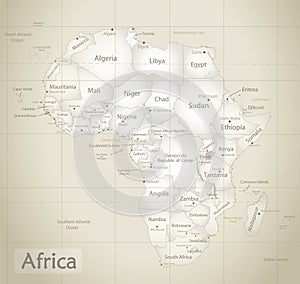 Africa map ancient, new political detailed map, separate individual states, with state city and sea names, old paper background