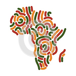 Africa map, decorative silhouette of African continent with abstract lines ornament in color of Pan African flag - red
