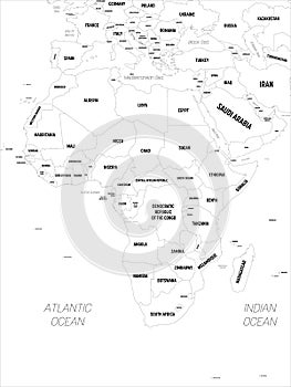 Africa map. High detailed political map of african continent with country, capital, ocean and sea names labeling