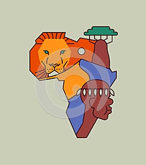 Africa map outline cartoon lion animal concept