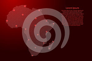 Africa map from red pattern slanted parallel lines and glowing space stars grid. Vector illustration