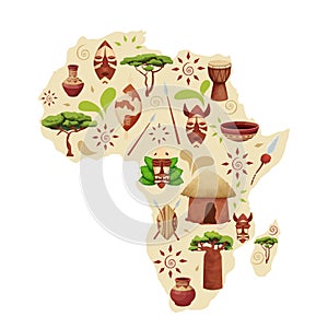 Africa map silhouette with ethnic elements in cartoon style. Tribal ornaments on shields, masks, nature objects baobab