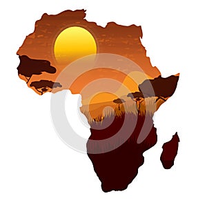 Africa map silhouette with sunset and landscape in cartoon style isolated on white background. Wild life, nature scene