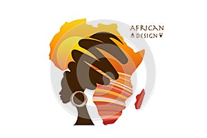 Africa Motherland, African woman portrait in ethnic turban, silhouette, Africa continent map sunset landscape. Afro design, Safari