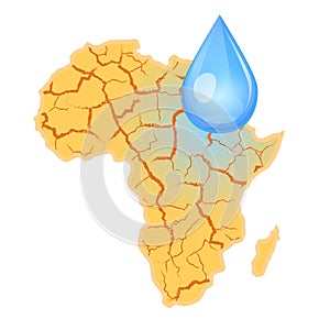 Africa needs water. Water scarcity concept. Drought in Africa and a drop of water. Vector illustration, isolated, white background