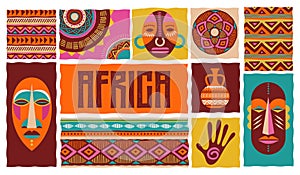 Africa patterned design. African background, banner with tribal traditional grunge pattern, elements, concept