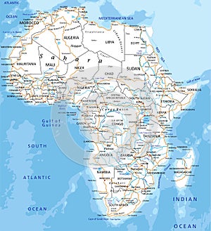 High detailed Africa road map with labeling.