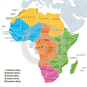 Africa regions map with single countries