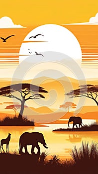 Africa, Safari,Savanna, landscape vertical background - silhouette of wild animals, trees, vehicle and sun, background .