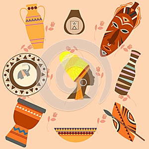 Africa Safari set vector icons. Ritual objects