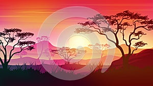 Africa savanna landscape at Sunset with colorful gradient sky