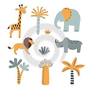 Africa set with cute safari animals and trees for kids design. Baby print. Vector illustration of lion, elephant, rhino and