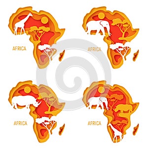 Africa set. Decorative 3d paper cut maps of Africa continent with wild animals silhouettes - elephant, rhinoceros