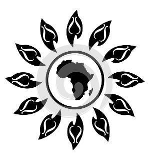 Africa in stylized sun, black and white, tattoo, isolated.