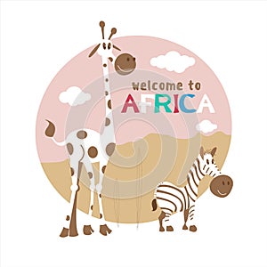 Africa. Vector illustration in cartoon style. Cute giraffe and Zebra.