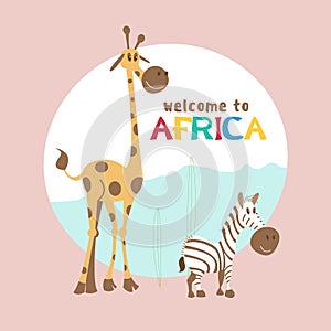 Africa. Vector illustration in cartoon style. Cute giraffe and Zebra.