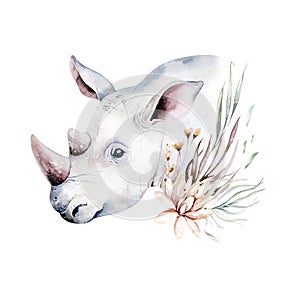 Africa watercolor savanna rhino animal. African Safari cute animals portrait character.Perfect for wallpaper print