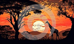 africa wild giraffe animal sunset nature safari wildlife silhouette elephant. Generative AI.