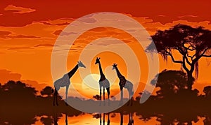 africa wild safari elephant animal nature wildlife sunset silhouette giraffe. Generative AI.