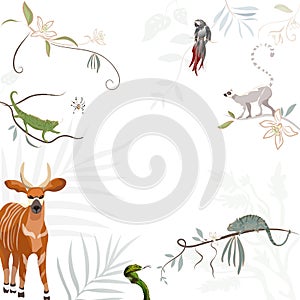 Africal jungle vector animals on floral tropical white background