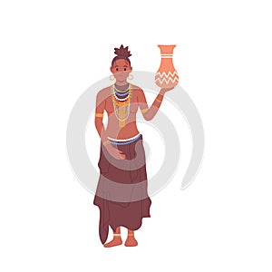 African aboriginal woman in traditional clothes holding native clay jug isolated on white background