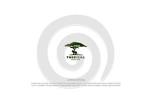 African Acacia Tree with Lion Silhouette for Safari Adventure Logo Design Vector