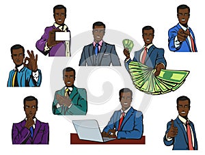 African or afro, black successful businessman with smirk or smile in cartoon or pop comics vintage style with variety photo