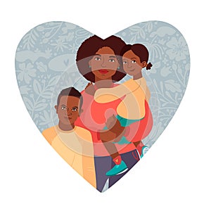 African America women and little son and daughter. Happy Mothers Day Greeting Card. I love you mom. Young Vector