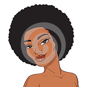 African american afro hair woman face in pop art retro comics style isolated on white background