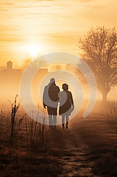 a African american aged couple walking down a misty sunset landscape. small town in the distance. back view, rear view, full view.