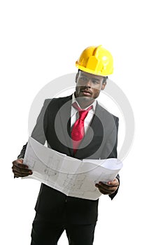 African american architect engineer yellow hardhat