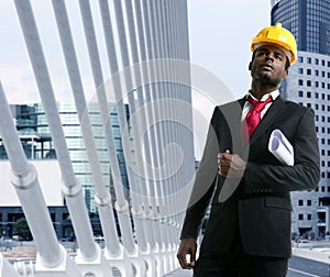 African american architect engineer yellow hardhat