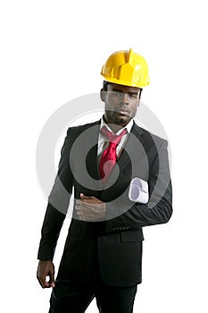 African american architect engineer yellow hardhat