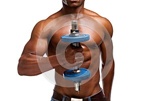 African american athlete lifting gym weight