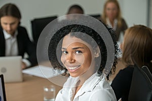 African american attractive businesswoman at team meeting, head
