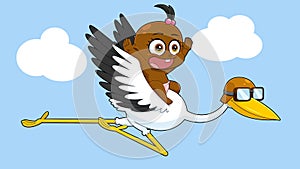 African American Baby Girl Flying On Top Of A Stork Cartoon Characters