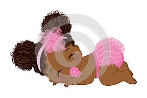 African American Baby Girl Wearing Pink Ruffled Diaper and Floral Headband