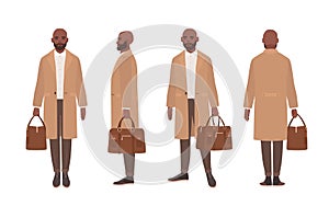 African American bald man dressed in elegant trench coat or outerwear. Male cartoon character isolated on white