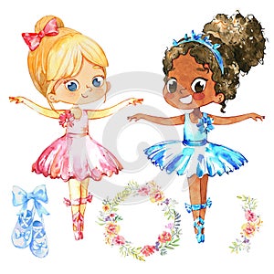 African American Ballerina Princess Character Dancer Set. Cute Child Girl wear Blue Tutu Costume Training in School